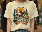 Beagle on chair with "Dog Parent Social Club" text and forest scene.