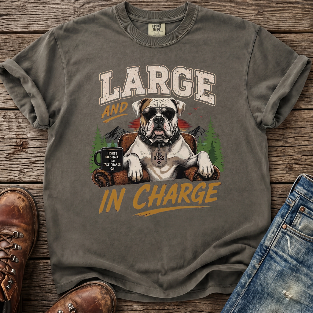 T-shirt with an English Bulldog wearing sunglasses and the text "LARGE AND IN CHARGE".