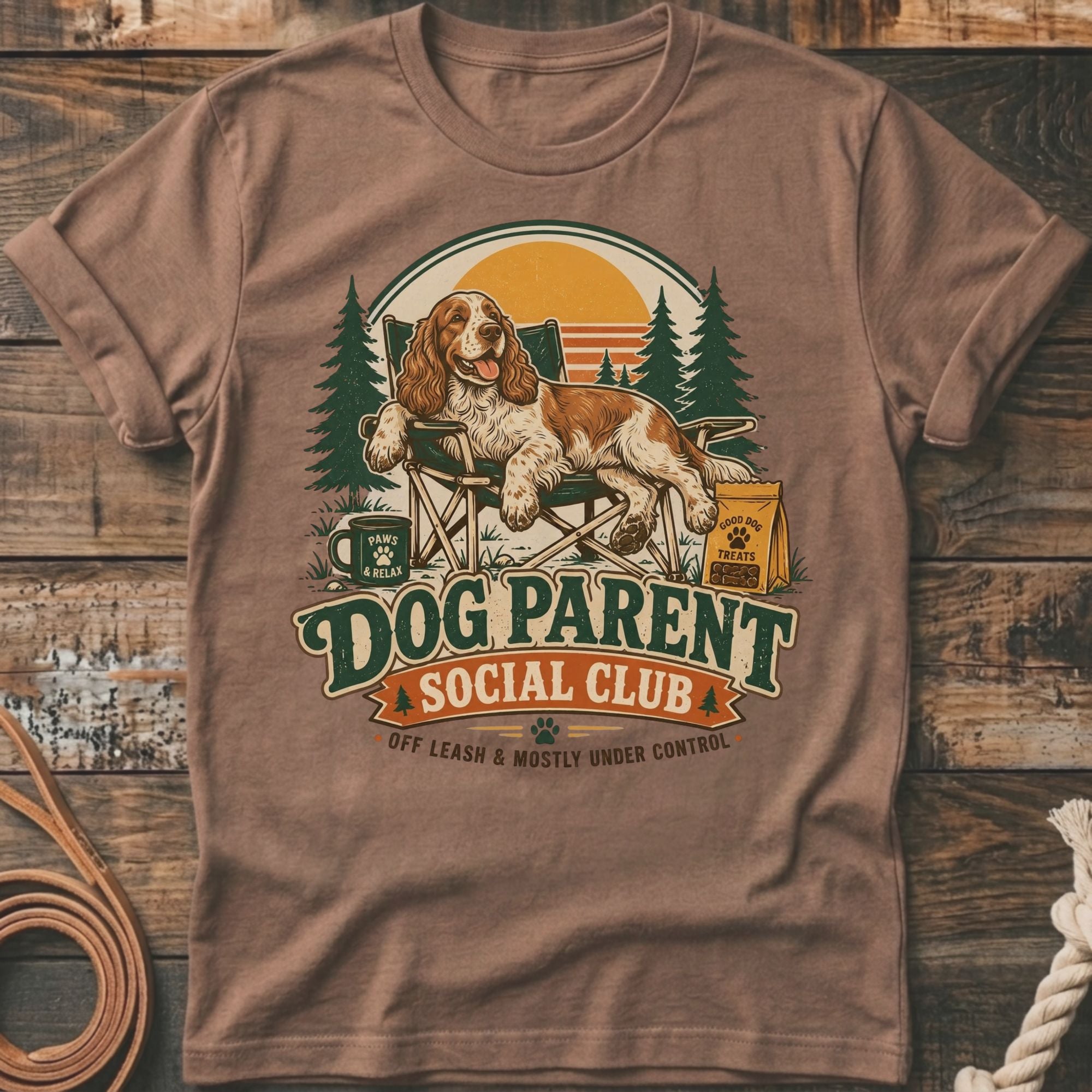 Dog Parent Social Club text with dog sitting in chair, trees, and sunset graphic.