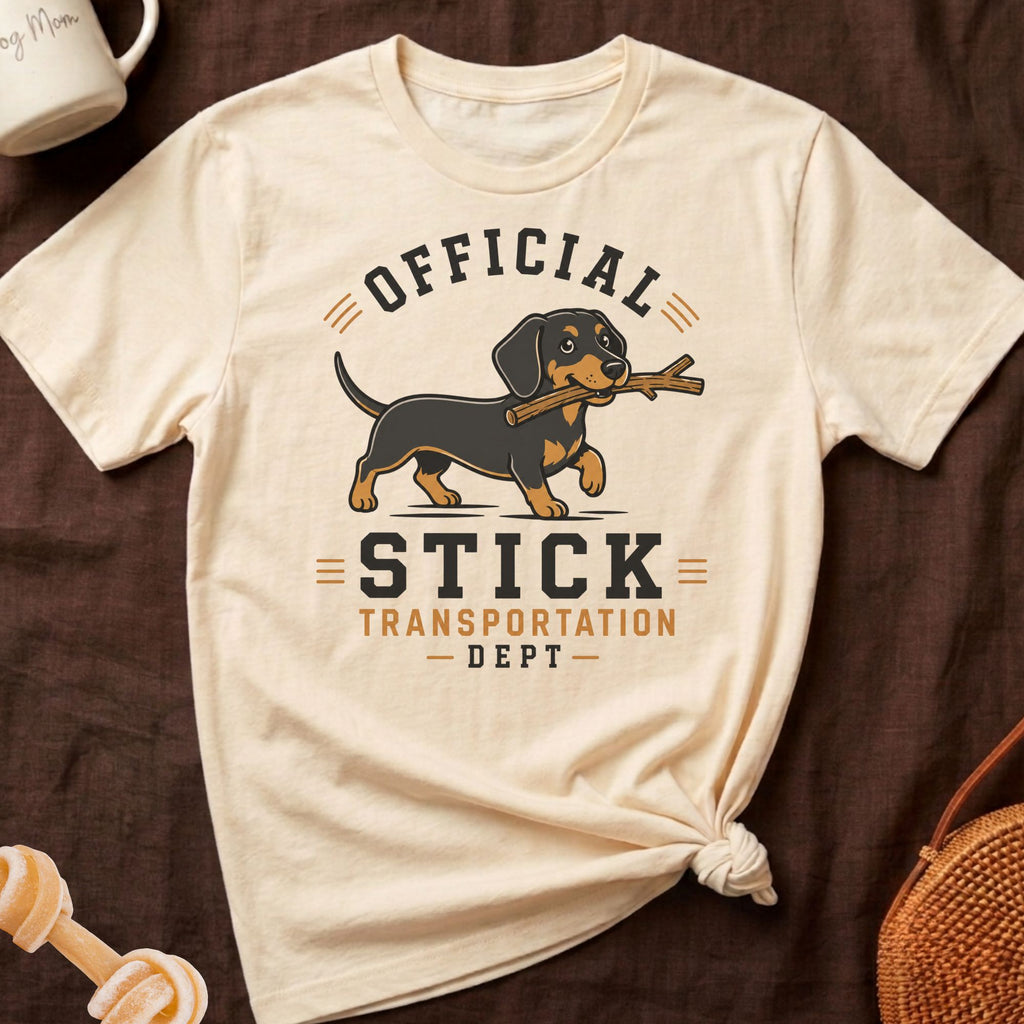 Cream t-shirt with dachshund graphic and text "Official Stick Transportation Dept."