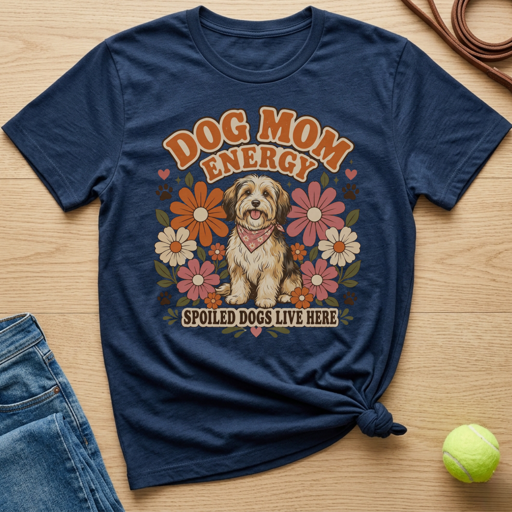 Navy t-shirt with "Dog Mom Energy" and "Spoiled Dogs Live Here" text and a dog.