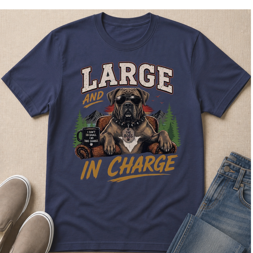 T-shirt with a graphic of a dog wearing sunglasses and a "The Boss" tag, with text "LARGE AND IN CHARGE."