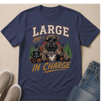 T-shirt with a graphic of a dog wearing sunglasses and a "The Boss" tag, with text "LARGE AND IN CHARGE."