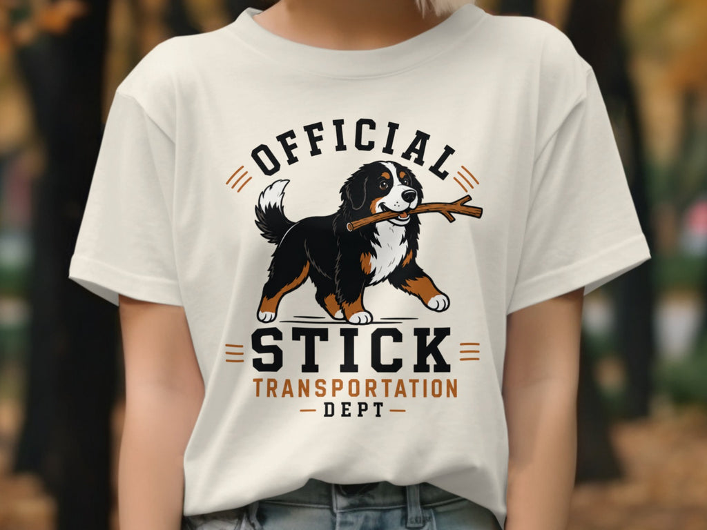 Bernese Mountain Dog with stick, "Official Stick Transportation Dept." text.