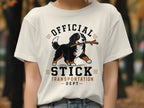 Bernese Mountain Dog with stick, "Official Stick Transportation Dept." text.