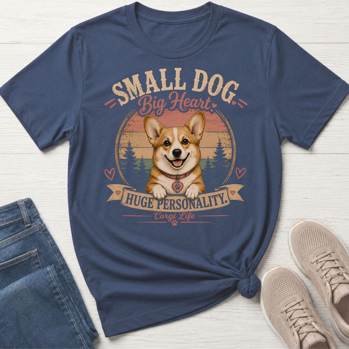 Navy t-shirt with a corgi graphic and text "Small Dog Big Heart Huge Personality Corgi Life".