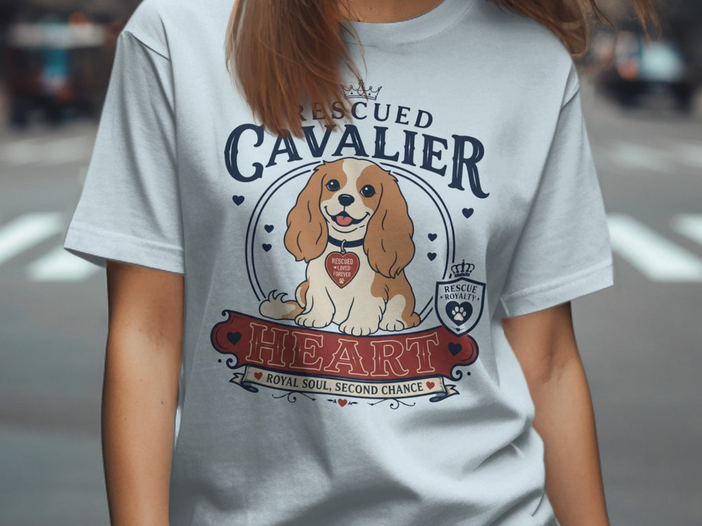 "Rescued Cavalier" t-shirt design featuring a dog with text and hearts.