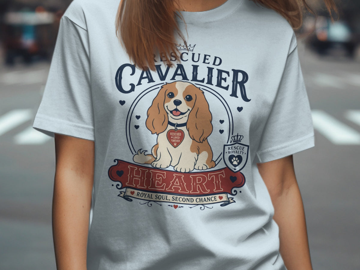 "Rescued Cavalier" t-shirt design featuring a dog with text and hearts.