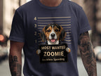 Beagle mugshot graphic on a navy t-shirt with text "Most Wanted Zoomie Reckless Speeding".