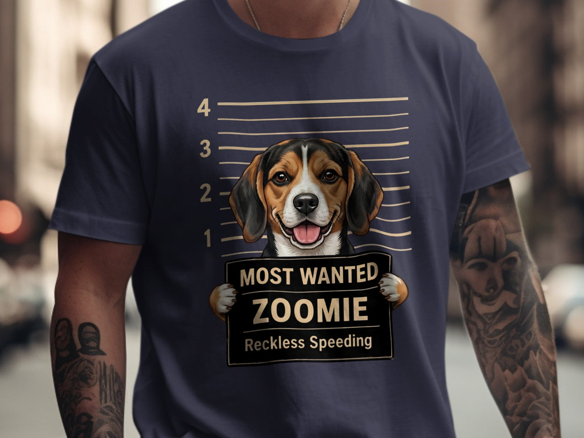 Beagle mugshot graphic on a navy t-shirt with text "Most Wanted Zoomie Reckless Speeding".