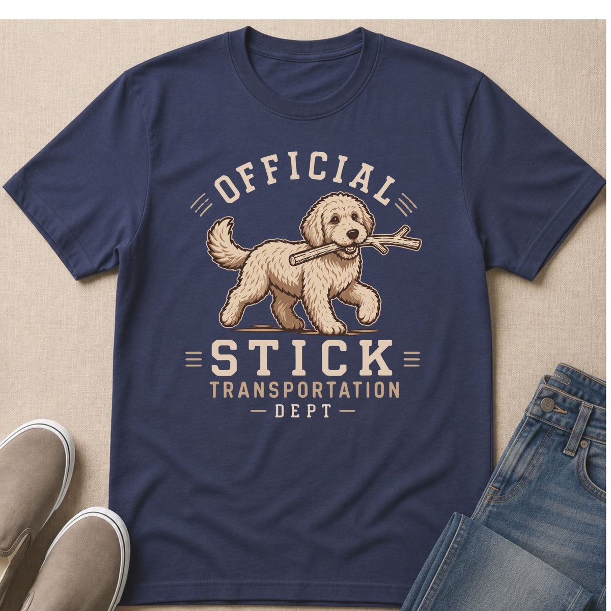 Navy t-shirt with graphic of a fluffy dog carrying a stick, text reads "Official Stick Transportation Dept".
