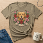 Golden retriever surrounded by roses with text "LOYAL LOVE BLOOMS".