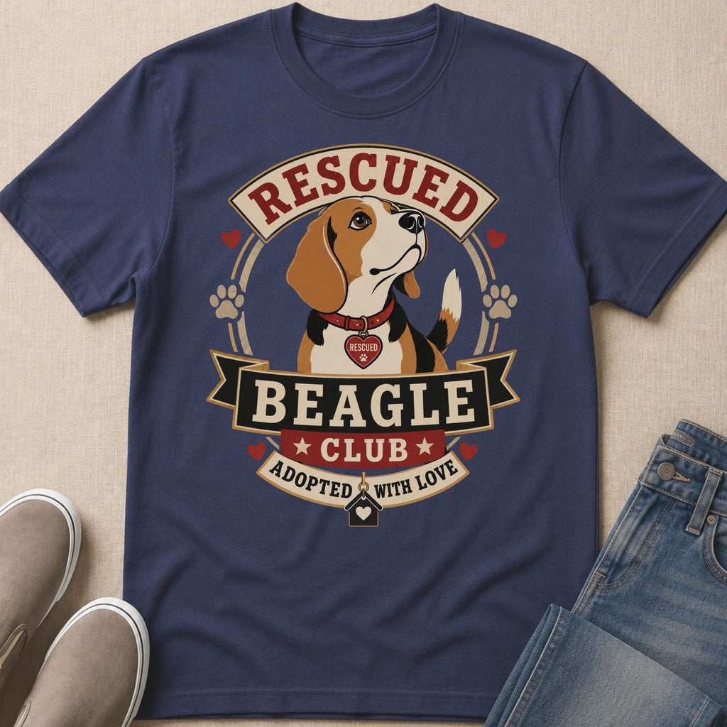 Dark blue t-shirt with Beagle Club design featuring a beagle dog and text.