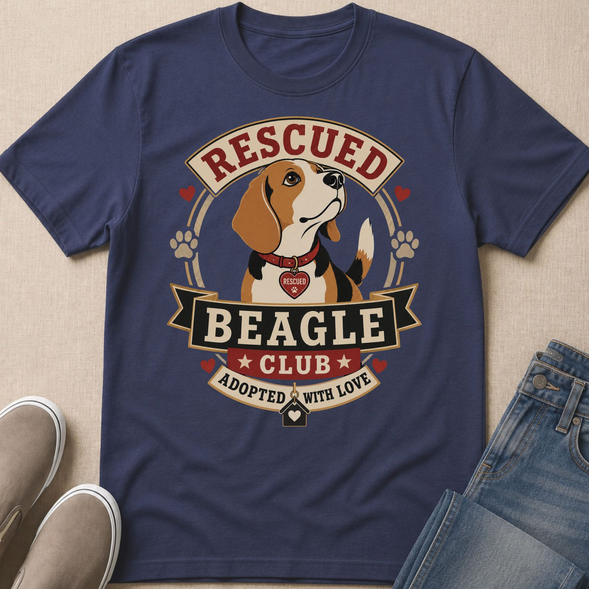 Dark blue t-shirt with Beagle Club design featuring a beagle dog and text.