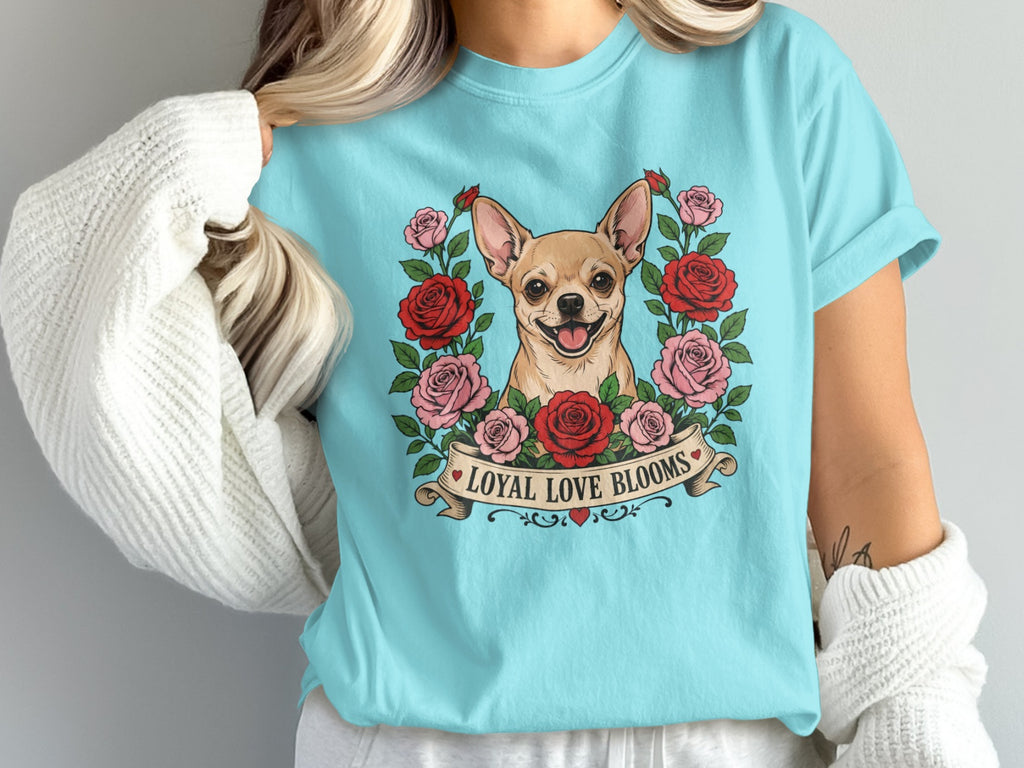Chihuahua surrounded by red and pink roses with text "Loyal Love Blooms".