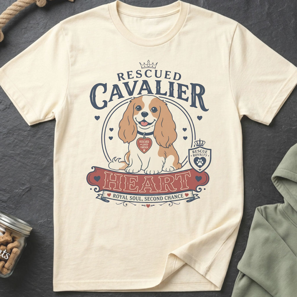 Cream t-shirt with Cavalier King Charles Spaniel graphic and text: "RESCUED CAVALIER HEART ROYAL SOUL, SECOND CHANCE".