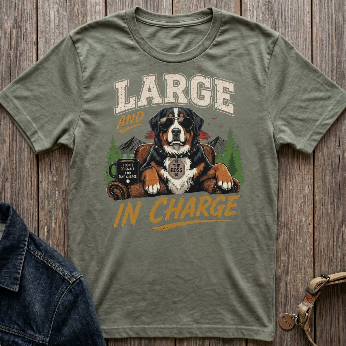 Bernese Mountain Dog wearing sunglasses with text "Large and In Charge".
