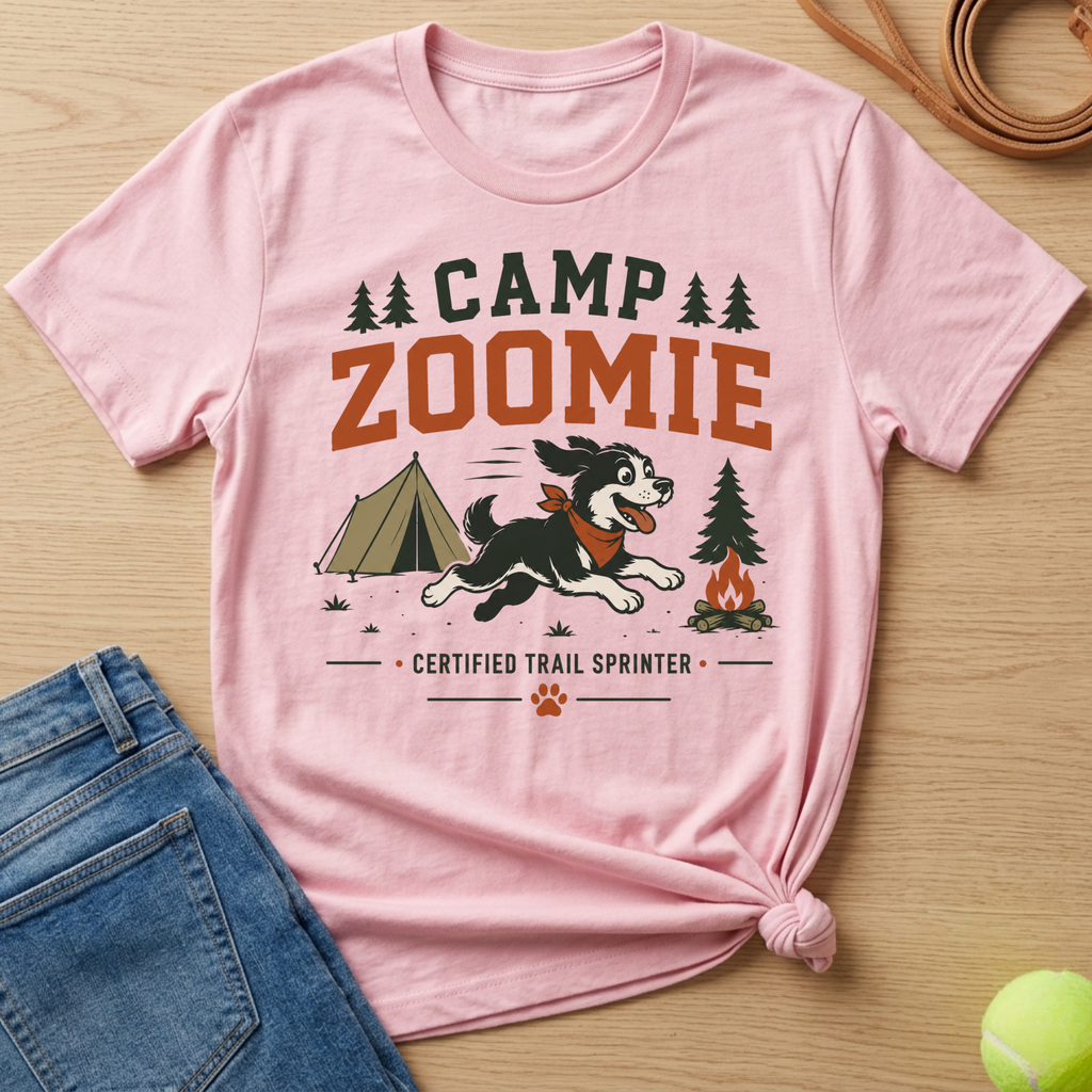 Pink t-shirt with "CAMP ZOOMIE CERTIFIED TRAIL SPRINTER" text and cartoon dog.