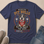Blue t-shirt with a pit bull wearing a bandana, "Rescue Pit Bulls" and "Not the Breed The Deed" text.