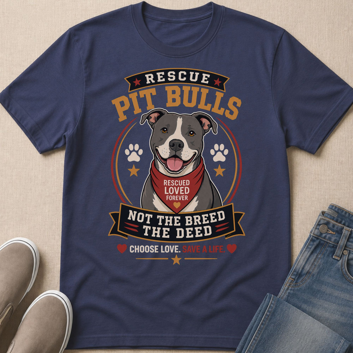 Blue t-shirt with a pit bull wearing a bandana, "Rescue Pit Bulls" and "Not the Breed The Deed" text.