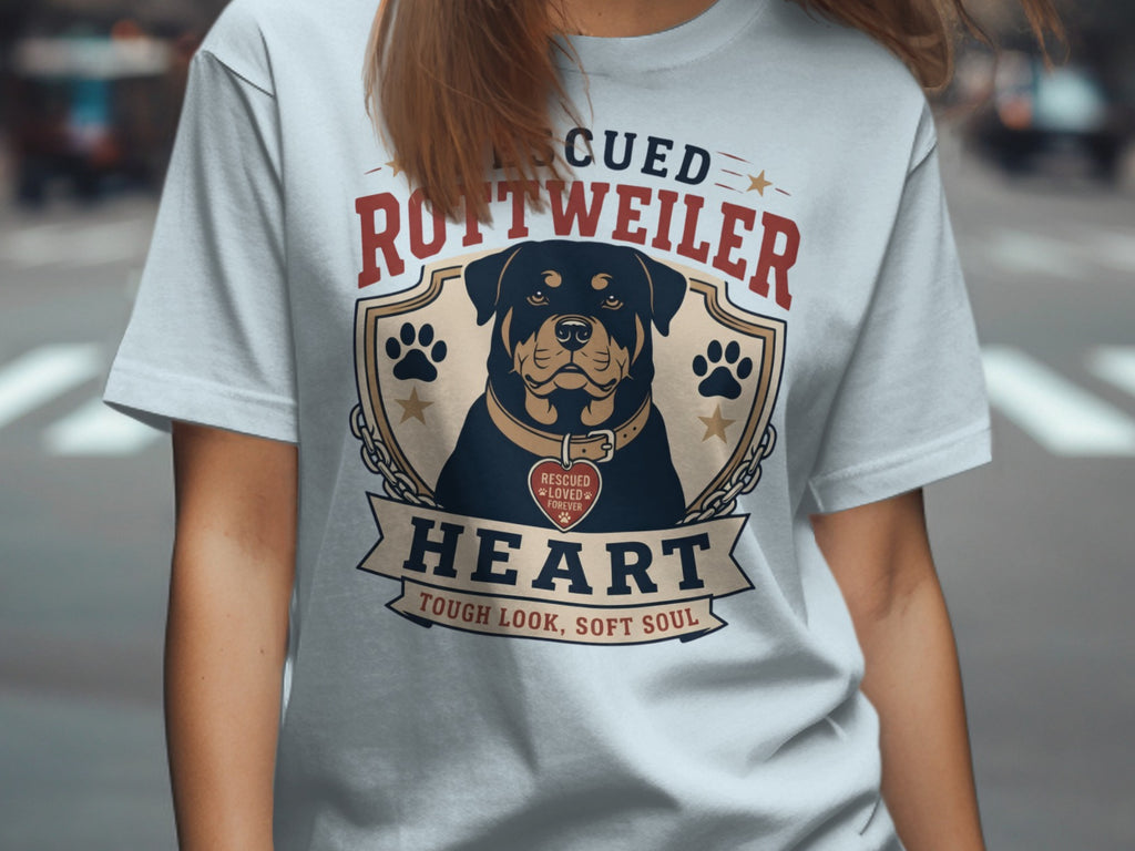 "Rescued Rottweiler Heart" t-shirt with dog portrait and paw prints.