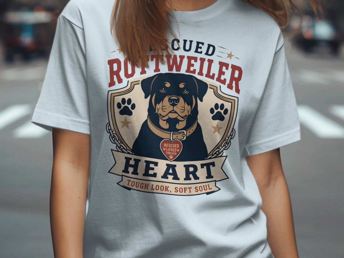 "Rescued Rottweiler Heart" t-shirt with dog portrait and paw prints.