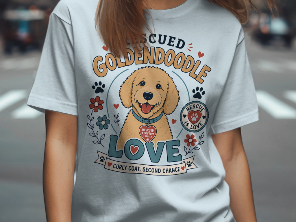 Rescued Goldendoodle graphic with heart and dog paw prints.
