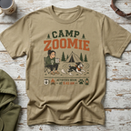 T-shirt with "Camp Zoomie" graphic, a tired person, a dog, and tent.
