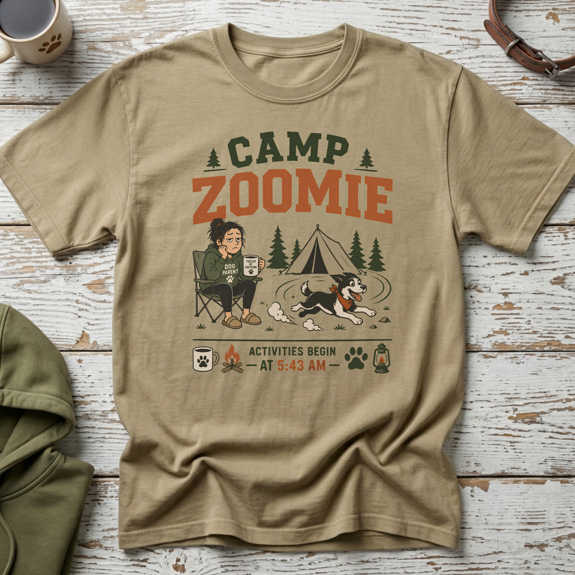 T-shirt with "Camp Zoomie" graphic, a tired person, a dog, and tent.