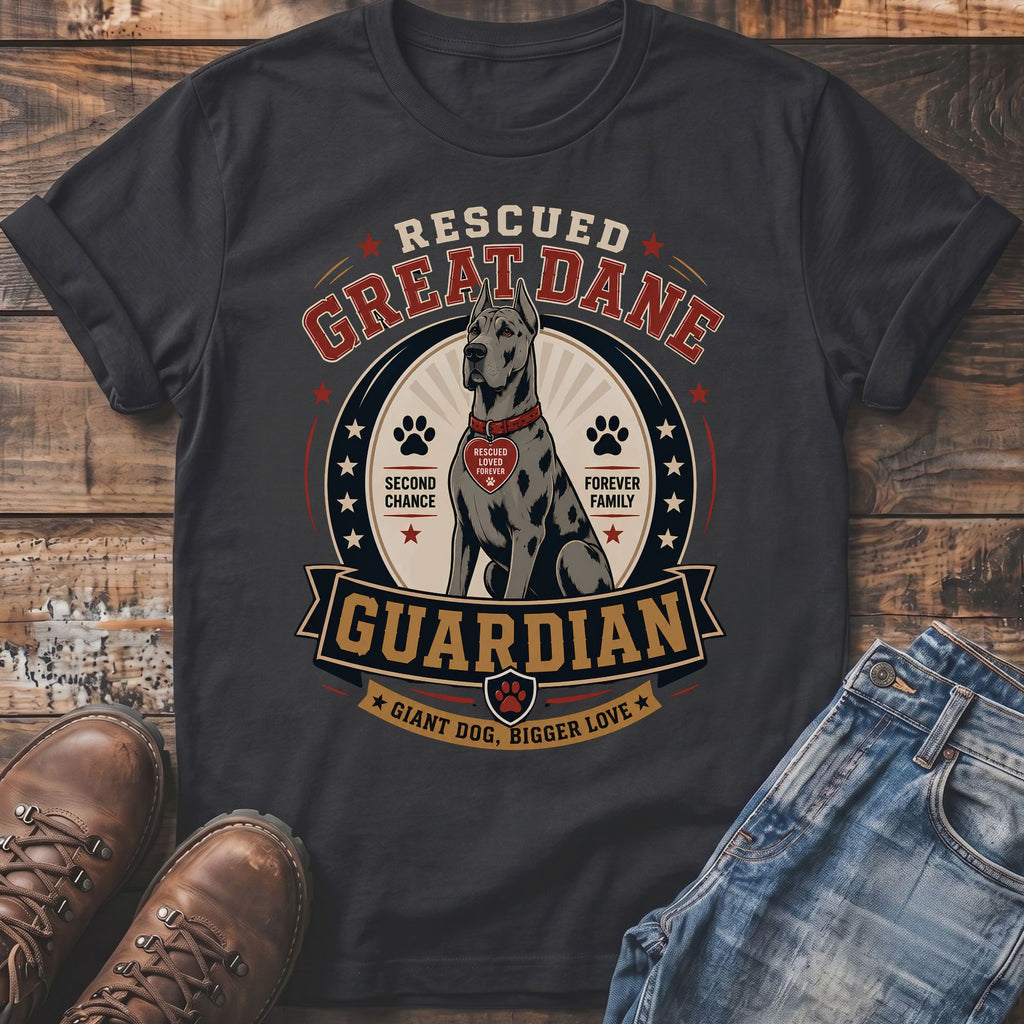 Great Dane dog graphic with "Rescued Guardian" text and paw prints.