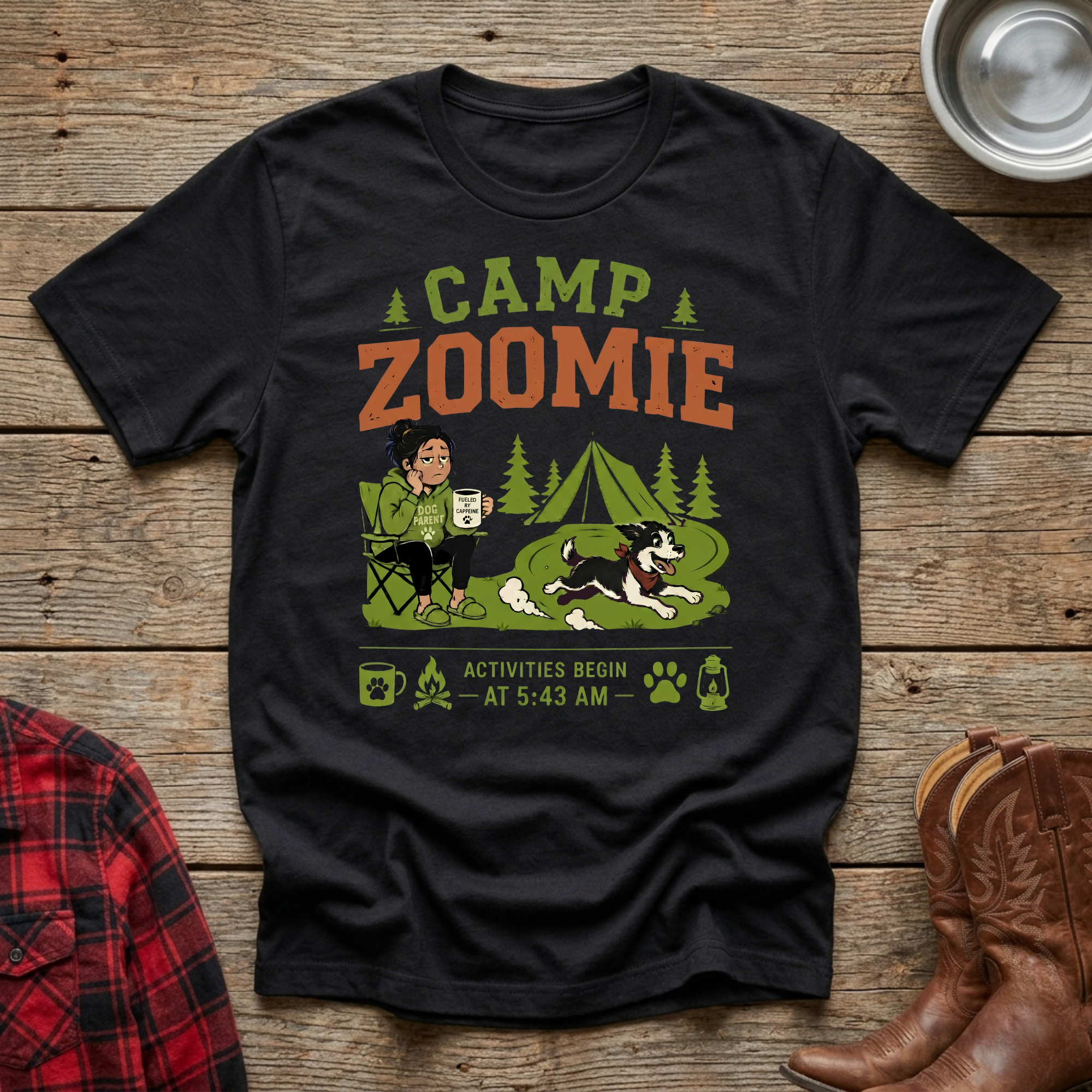 Black t-shirt with "Camp Zoomie" graphic and camping scene with dog.
