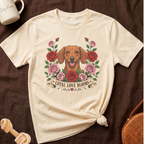 Cream t-shirt with dachshund and roses graphic, reading "Loyal Love Blooms".