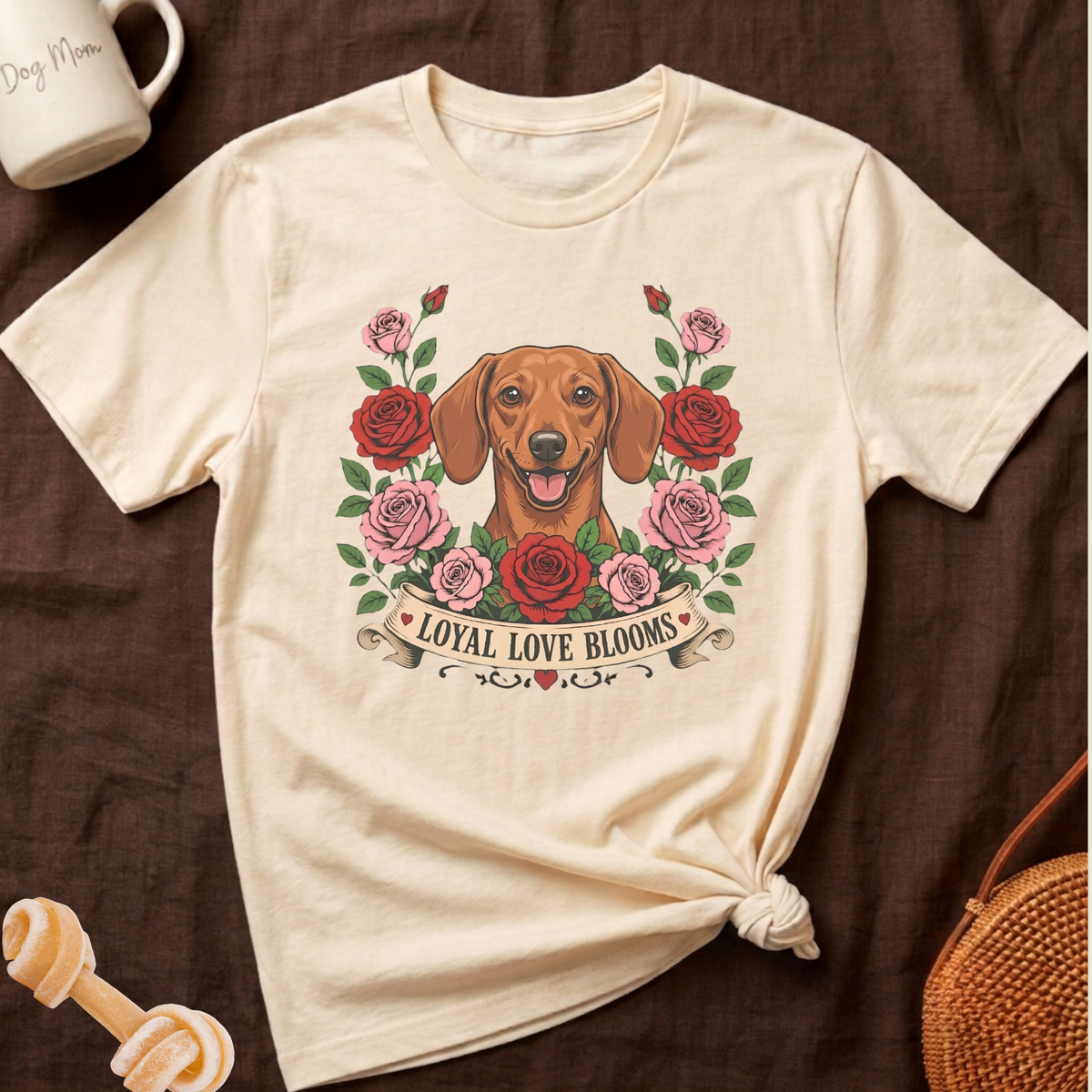 Cream t-shirt with dachshund and roses graphic, reading "Loyal Love Blooms".