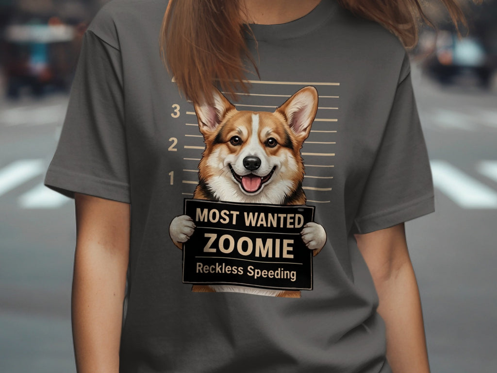 Corgi holding "Most Wanted Zoomie Reckless Speeding" mugshot sign on a grey t-shirt.