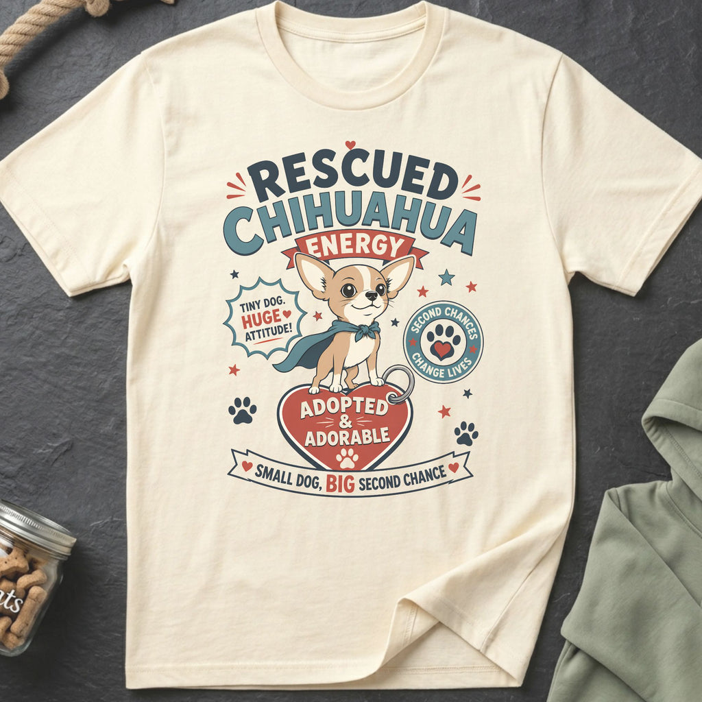 T-shirt graphic with a chihuahua wearing a cape and text about adopted dogs.