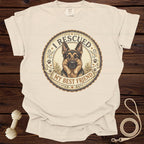 Cream t-shirt with German Shepherd graphic and "I RESCUED MY BEST FRIEND" text.