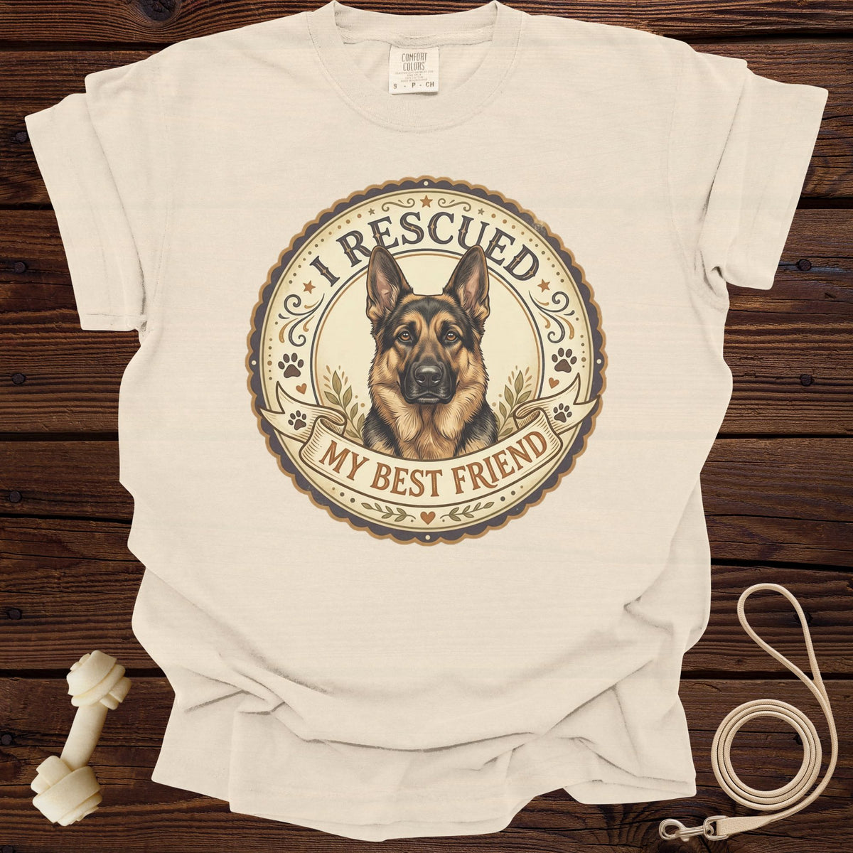 Cream t-shirt with German Shepherd graphic and "I RESCUED MY BEST FRIEND" text.