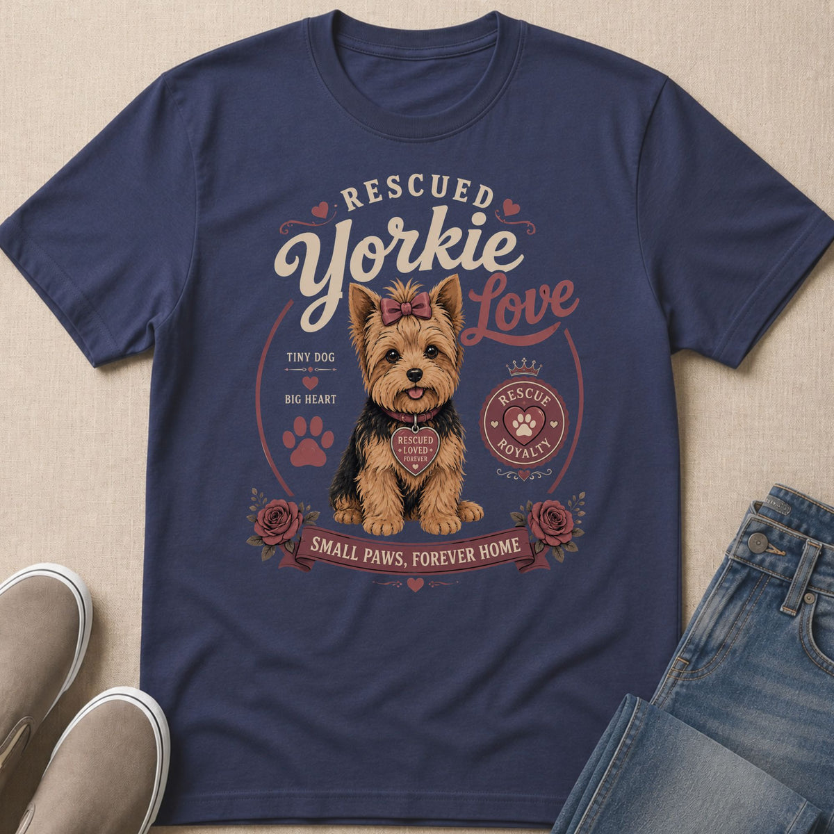 Rescued Yorkie Love t-shirt with dog, roses, and rescue royalty graphic.