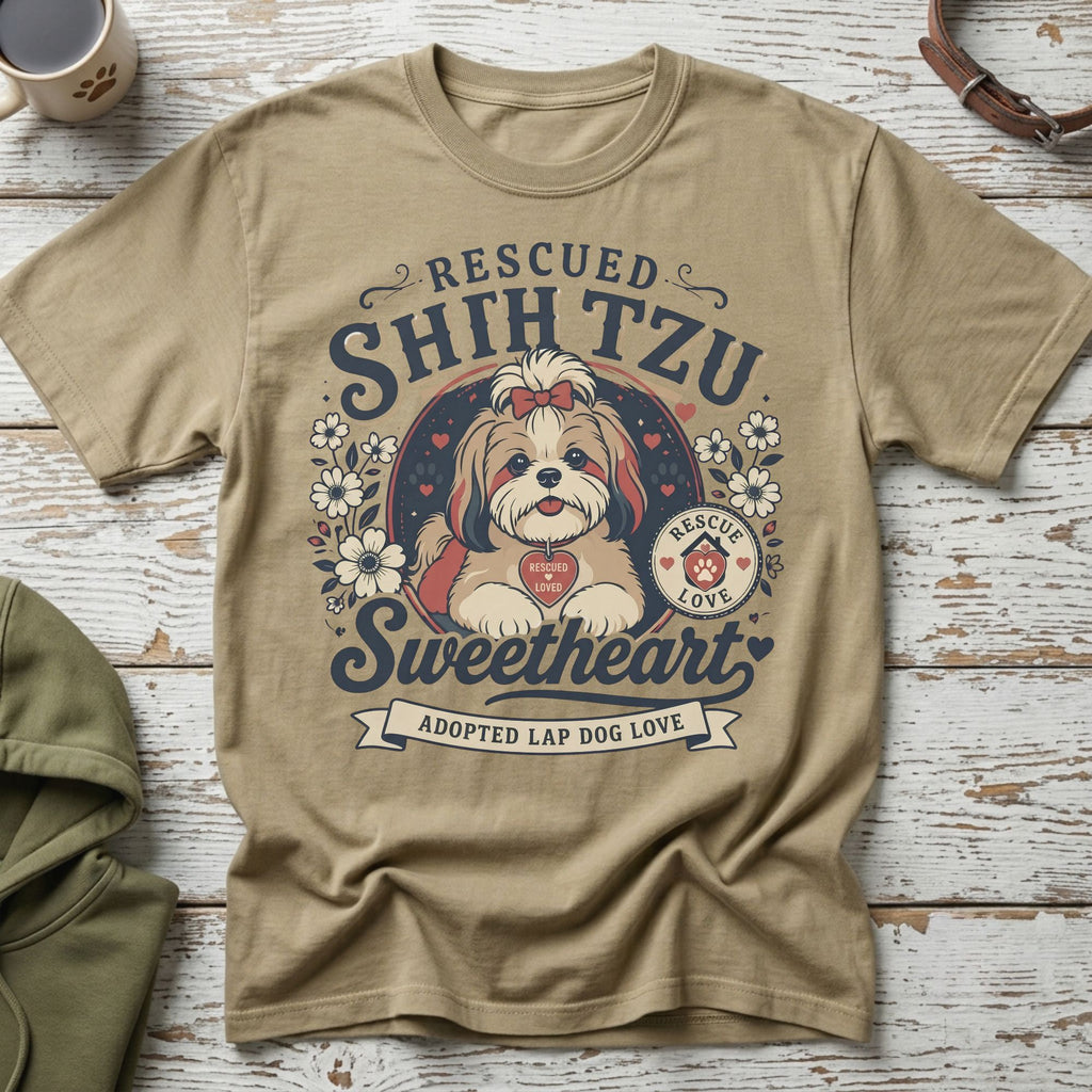 Rescued Shih Tzu Sweetheart t-shirt with floral accents and adoption ribbon.