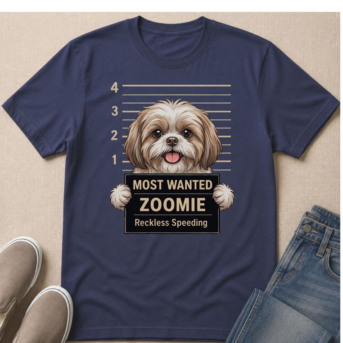 Shih Tzu mugshot graphic on navy t-shirt with text "MOST WANTED ZOOMIE Reckless Speeding."