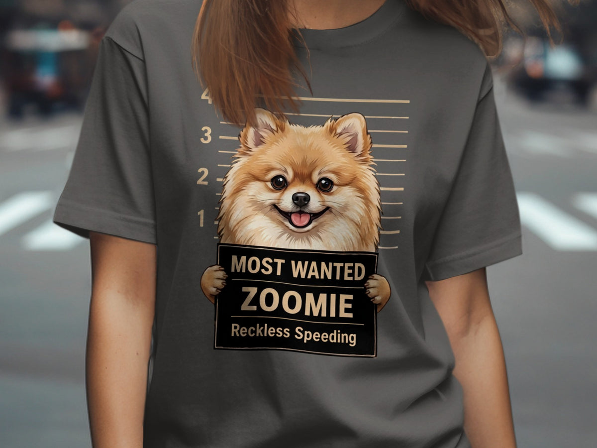 Pomeranian dog mugshot with "Most Wanted Zoomie Reckless Speeding" text.