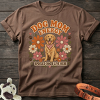 Golden retriever with bandana and flowers on brown t-shirt saying "Dog Mom Energy."
