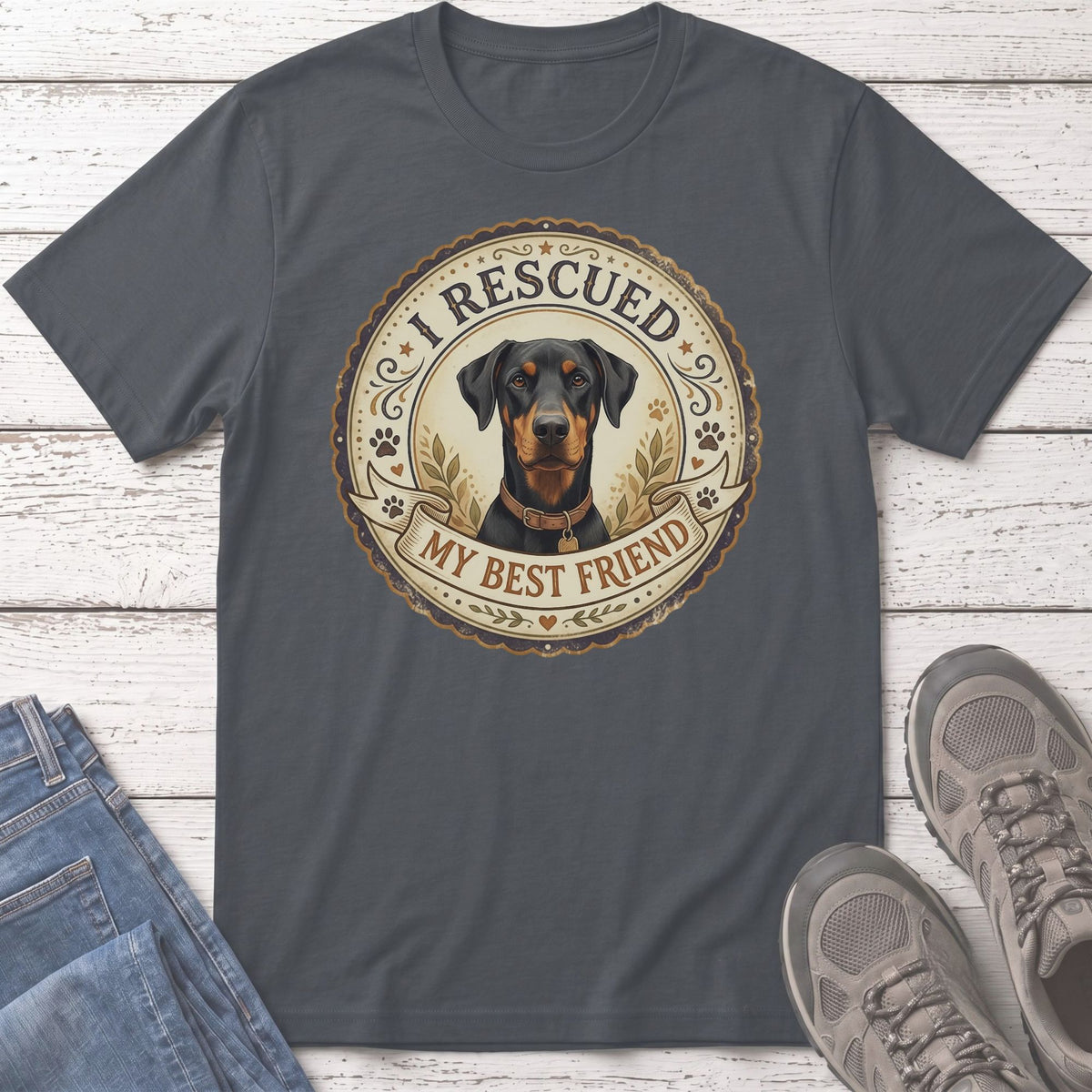 Doberman dog graphic t-shirt with "I Rescued My Best Friend" text.