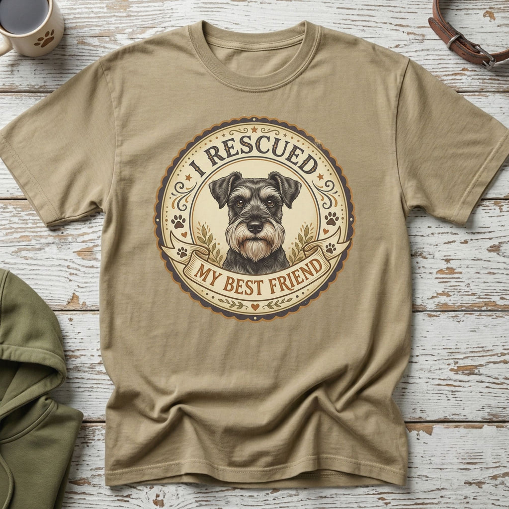 T-shirt with a schnauzer illustration and text "I Rescued My Best Friend".