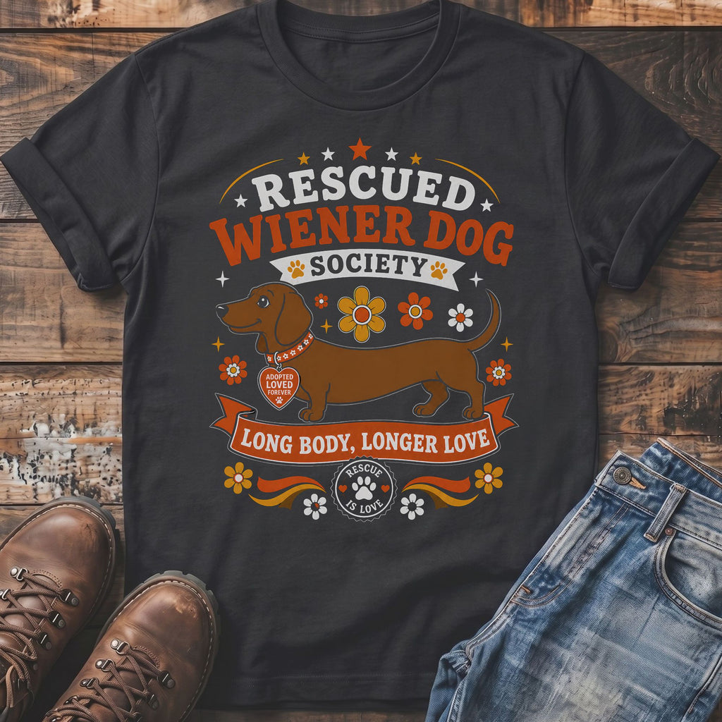 Rescued Wiener Dog Society t-shirt with dachshund graphic and "Long Body, Longer Love" text.