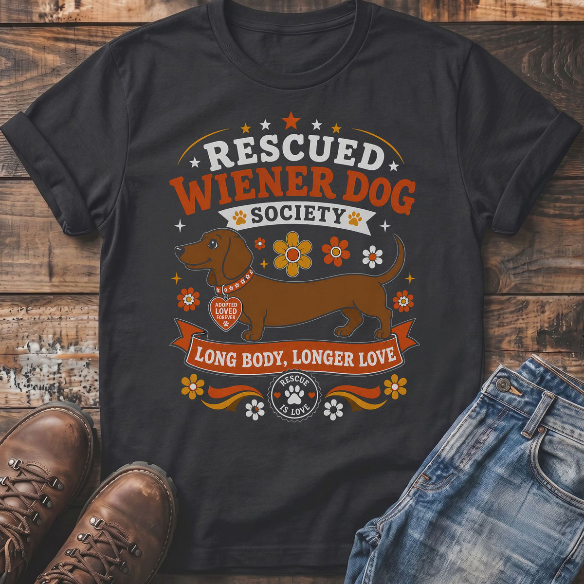 Rescued Wiener Dog Society t-shirt with dachshund graphic and "Long Body, Longer Love" text.