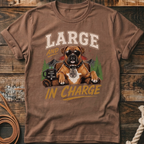 Boxer dog with sunglasses sitting, wearing a collar and tag that says "The Boss".