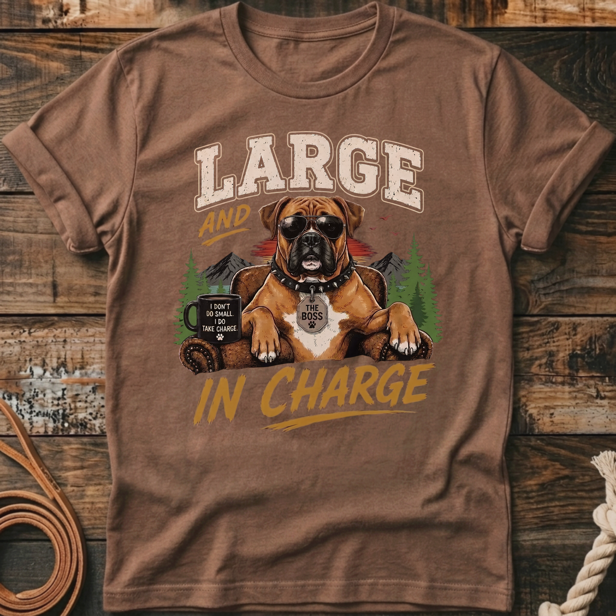 Boxer dog with sunglasses sitting, wearing a collar and tag that says "The Boss".