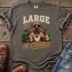 T-shirt with graphic of a dog wearing sunglasses and text "LARGE AND IN CHARGE".
