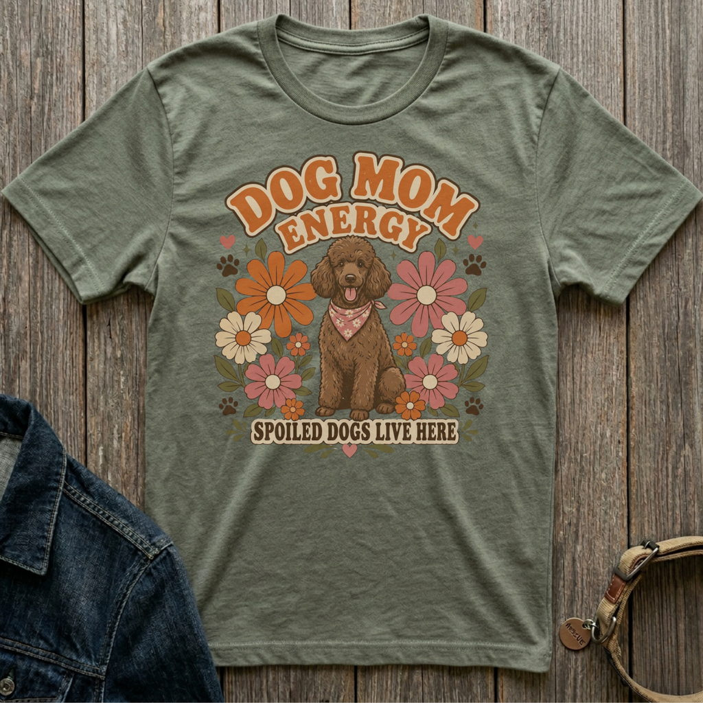 T-shirt graphic with poodle, flowers, "Dog Mom Energy", and "Spoiled Dogs Live Here".